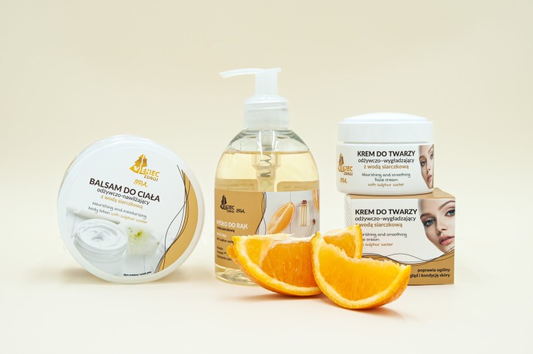 Zestaw z serii siarczkowej: krem do twarzy, balsam do ciała oraz mydło do rąk